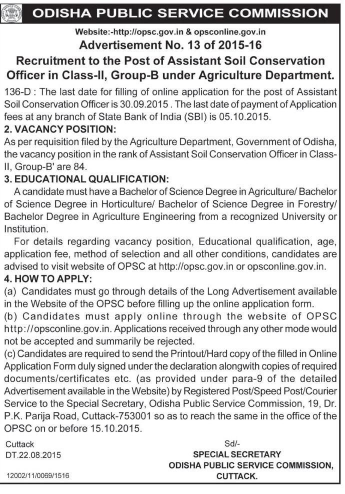 Odisha Jobs Assistant Soil Conservation Officer Job in OPSC, Cuttack